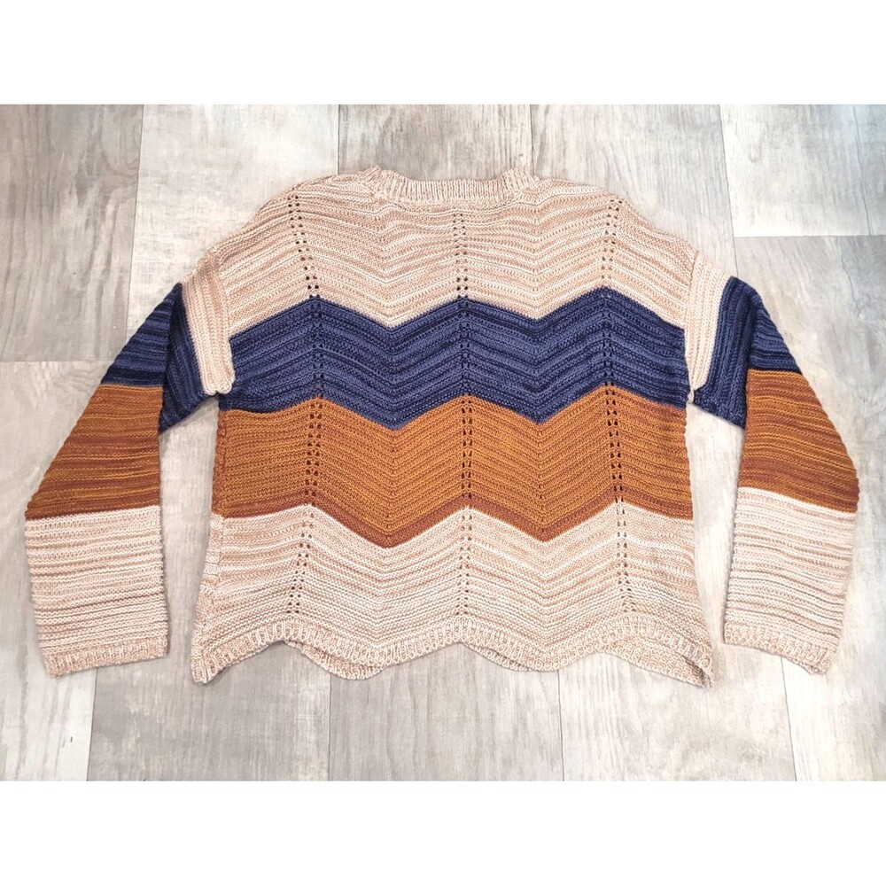 FCT With Love Chevron Crochet Cropped Knit Sweater Women's XL Boxy Beige Blue - Picture 7 of 8